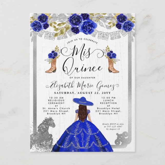 Invitation Carte Postale Floral Royal Bleu Argent Charra Cheval Quinceanera (Devant)