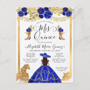 Invitation Carte Postale Floral Royal Blue Gold Charra Princesse Quinceaner