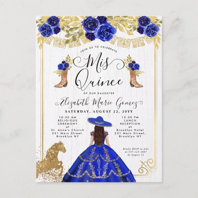 Invitation Carte Postale Floral Royal Blue Gold Charra Princesse Quinceaner (Devant)