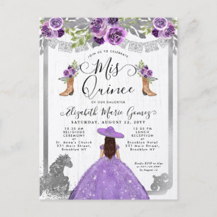Invitation Carte Postale Floral Violet Argent Charra Boot Horse Quinceanera