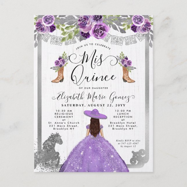 Invitation Carte Postale Floral Violet Argent Charra Boot Horse Quinceanera (Devant)