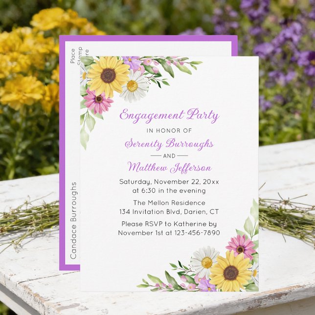 Invitation Carte Postale Floral Wildflower Sunflower Daisy Engagement Party (Créateur téléchargé)