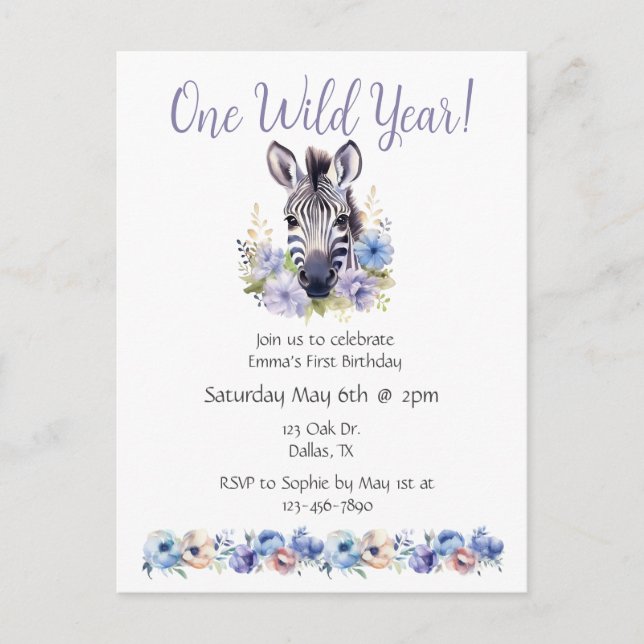Invitation Carte Postale Floral Zebra Anniversaire (Devant)