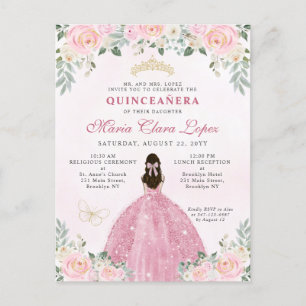 Invitation Carte Postale Florale rose pâle princesse Tiara Quinceañera