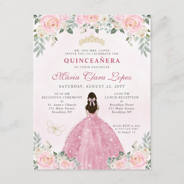 Invitation Carte Postale Florale rose pâle princesse Tiara Quinceañera (Devant)