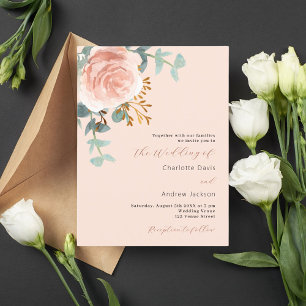 Invitation Carte Postale Florales d'or rose verdure pêche mariage