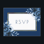 Invitation Carte Postale Floraux bleu marine mariage or blanc RSVP<br><div class="desc">Une carte RSVP élégante pour un mariage avec des modèles pour répondre par date,  noms,  etc. Un cadre en faux or et blanc avec des fleurs aquarellées,  des roses dans les tons bleus. Arrière - plan bleu marine,  texte bleu. Retour : arrière - plan bleu marine,  lettres blanches</div>