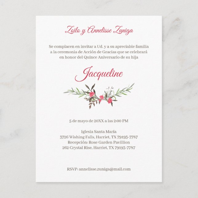 Invitation Carte Postale Flores y Ramas Rojas para Quinceañera (Devant)