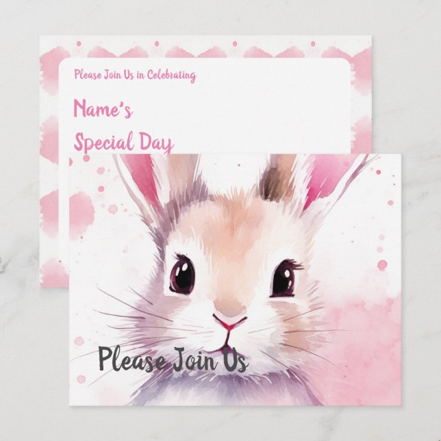 Invitation Carte Postale Fluffy rose lapin Journée spéciale (Devant / Derrière)