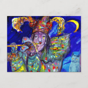 Invitation Carte Postale FLUTIST DANS la mascarade BLEUE de carnaval