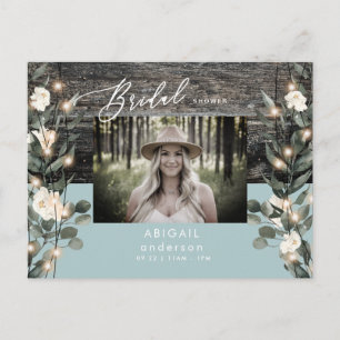 Invitation Carte Postale Foliage Bleu Hiver Lumières & Photo Florale Blanch