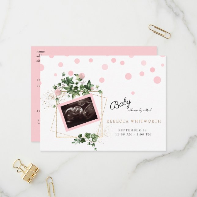 Invitation Carte Postale Foliage Ultrasound Photo Girl Baby shower par la p (Devant/Arrière en situation)