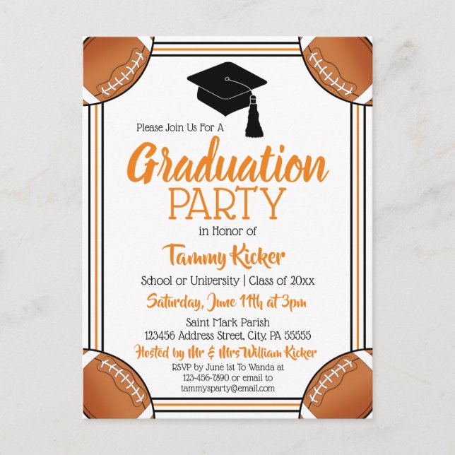 Invitation Carte Postale Football Orange & Black Graduation Party (Devant)