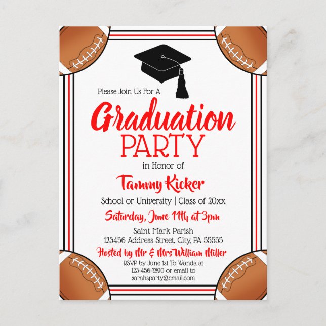 Invitation Carte Postale Football Red & Black Graduation Party (Devant)