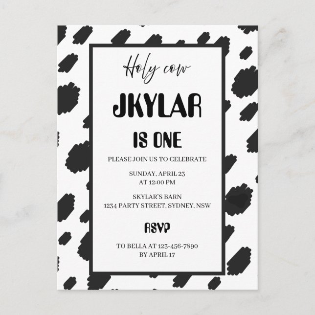 Invitation Carte Postale Fourrure de vache taches noires et blanches (Devant)