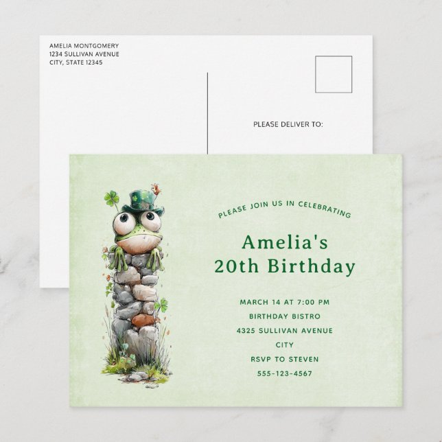 Invitation Carte Postale Frog with Green Hat and Shamrock Cute Birthday (Devant / Derrière)