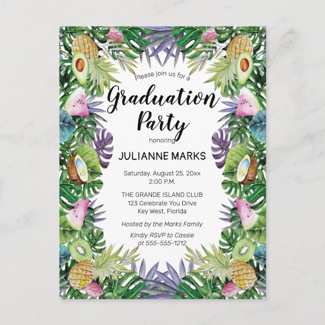 Invitation Carte Postale Fruit tropical | Green Summer Graduation Party (Devant)