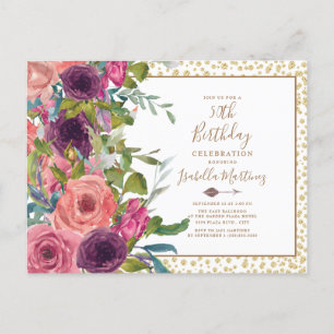 Invitation Carte Postale Fuchsia Bourguignon Floral Pailleté Or 50e Anniver