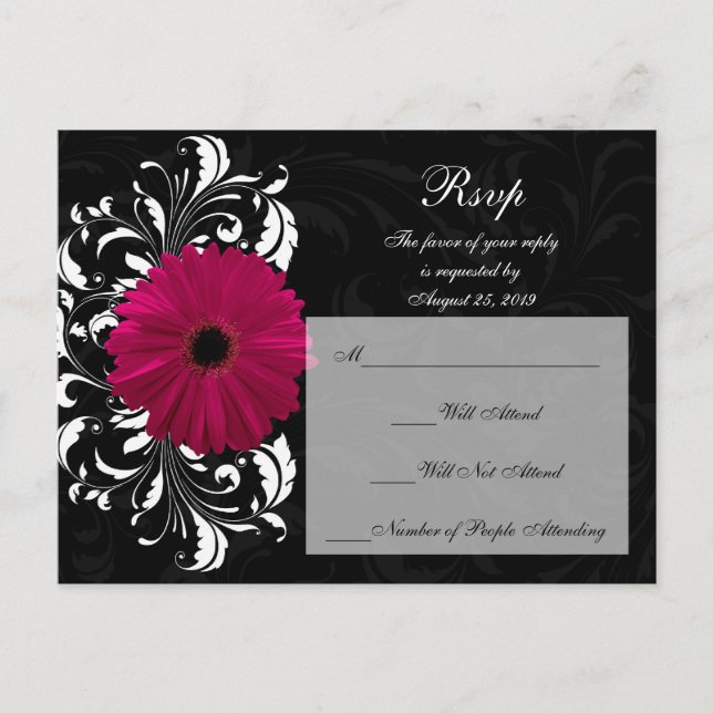 Invitation Carte Postale Fuchsia Scroll Gerbera Daisy avec noir et blanc (Devant)