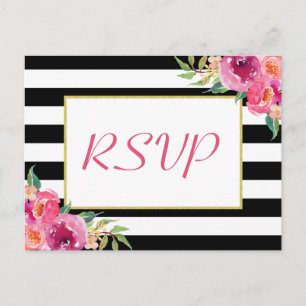 Invitation Carte Postale Fuchsia Violet Rouge Floral Or Mariage RSVP Répons