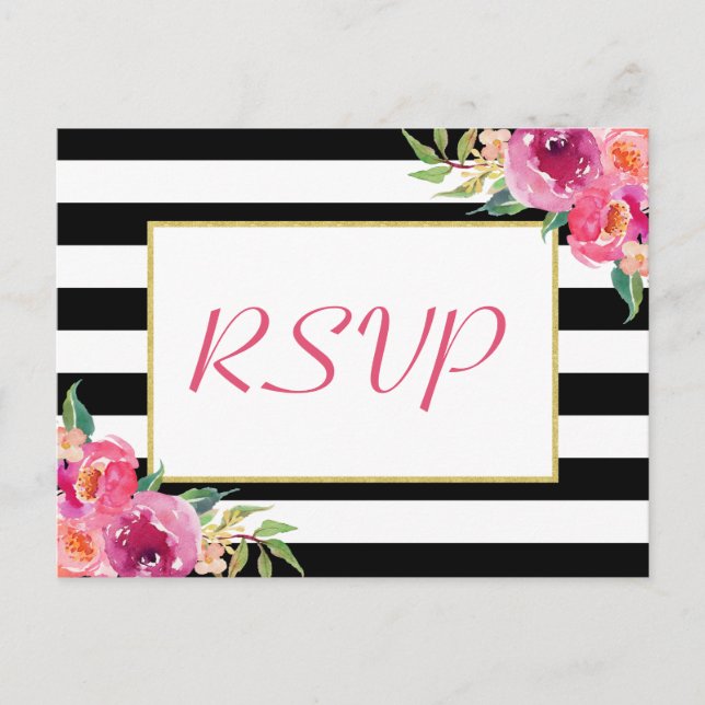 Invitation Carte Postale Fuchsia Violet Rouge Floral Or Mariage RSVP Répons (Devant)