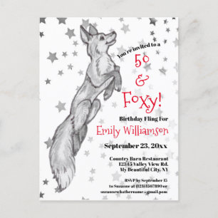 Invitation Carte Postale Fun 50e Black White Red Fox Star Foxy Anniversaire