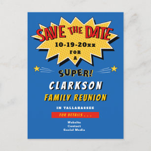 Invitation Carte Postale Fun Blue Comic Super Family Reunion Enregistrer la