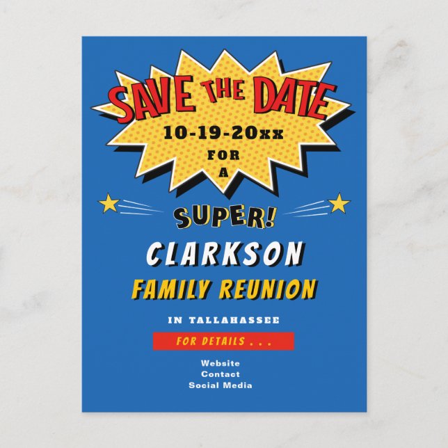 Invitation Carte Postale Fun Blue Comic Super Family Reunion Enregistrer la (Devant)