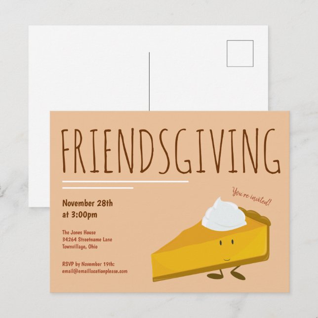 Invitation Carte Postale Fun Friendsgiving Smiling Citrouille Pie Holiday (Devant / Derrière)