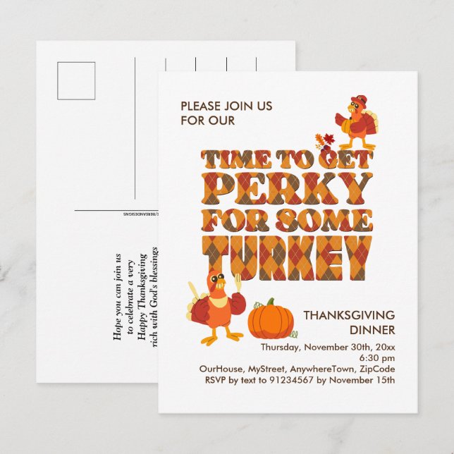 Invitation Carte Postale Fun PERKY POUR TURQUIE Dîner Thanksgiving (Devant / Derrière)