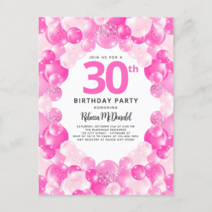 Invitation Carte Postale Fun Pink Balloons Faux Parties scintillant 30e ann