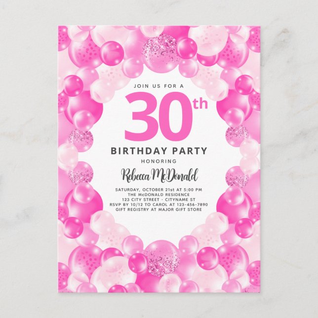 Invitation Carte Postale Fun Pink Balloons Faux Parties scintillant 30e ann (Devant)