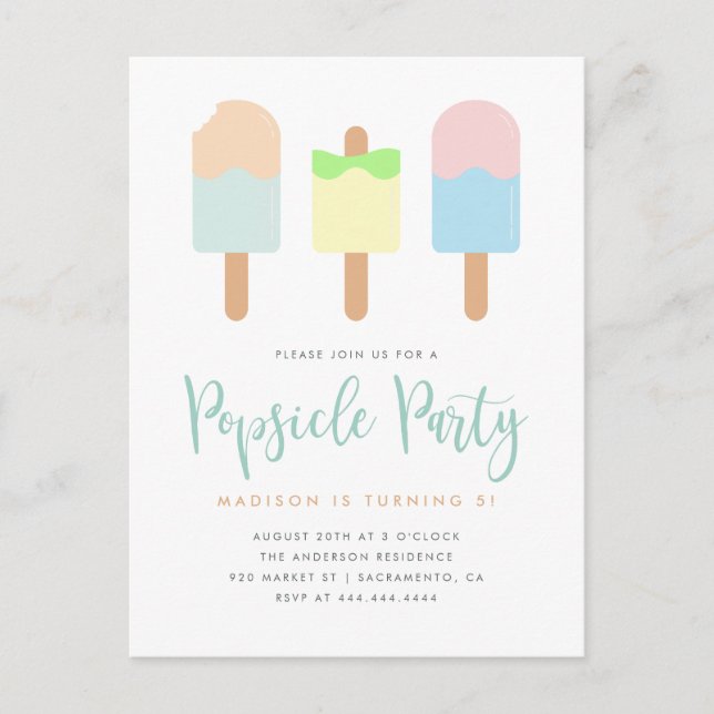 Invitation Carte Postale Fun Summer Pastel Popsicle Party Enfants Anniversa (Devant)