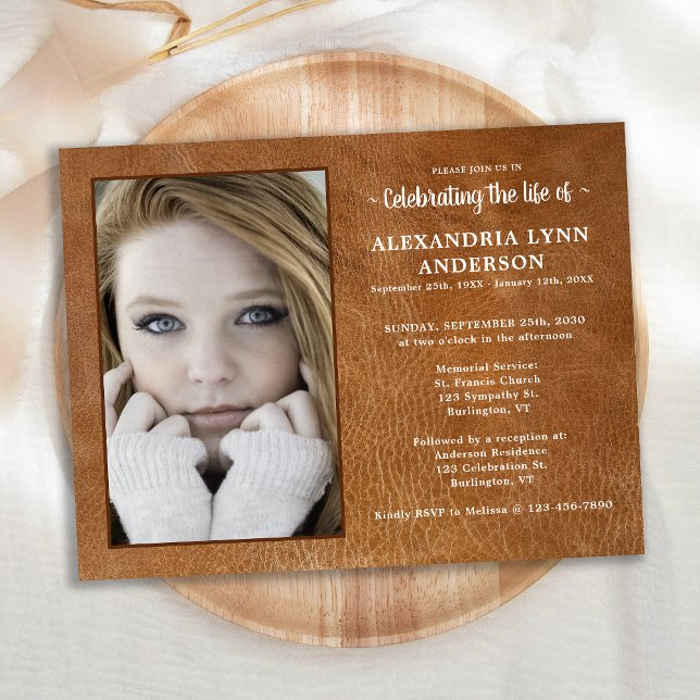 Invitation Carte Postale Funérailles commémoratives Photo en cuir Célébrati (Créateur téléchargé)