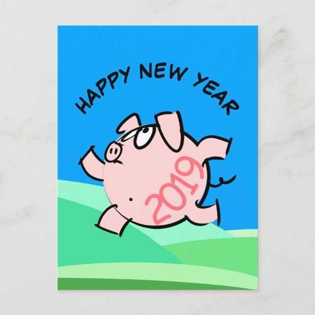 Invitation Carte Postale Funny 6b Cartoon Illustration Cochon Année 2019 Po (Devant)