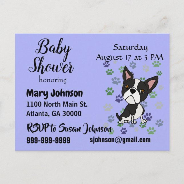 Invitation Carte Postale Funny Boston Terrier et Baby shower des Empreintes (Devant)