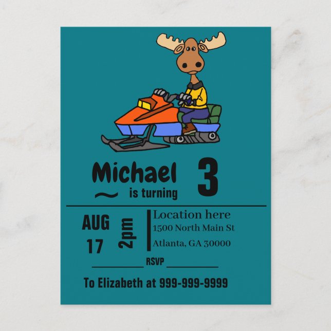 Invitation Carte Postale Funny Moose Motoneige (Devant)