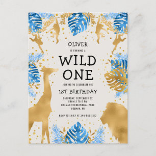 Invitation Carte Postale Garçons 1er Anniversaire Party Blue Ecru Safari