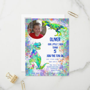 Invitation Carte Postale Garçons 5ème Anniversaire Photo de T Rex Colorée I