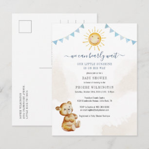 Invitation Carte Postale Garçons Baby shower Ours et soleil Aquarelle