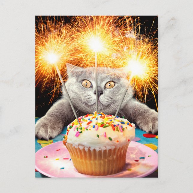 Invitation Carte Postale Gâteau au chat avec cierge magique (Devant)