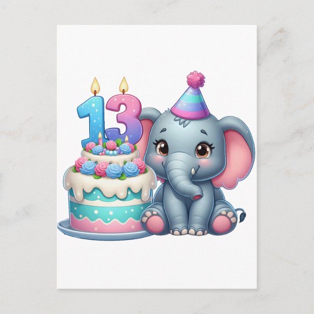 Invitation Carte Postale Gâteau d'éléphant pour 13e anniversaire (Devant)
