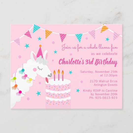 Invitation Carte Postale Gateau Tout Entier Llama Fun 3e Anniversaire Rose Zazzle Fr