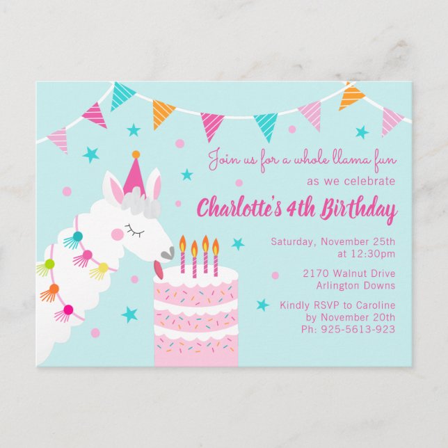 Invitation Carte Postale Gâteau tout Llama amusant 4e anniversaire Aqua (Devant)