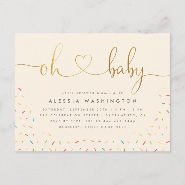 Invitation Carte Postale Genre Neutre Or Calligraphie Oh Baby shower (Devant)