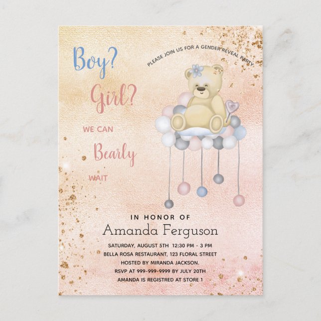 Invitation Carte Postale Genre révéler baby shower en peluche ours garçon f (Devant)