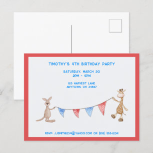 Invitation Carte Postale Giraffe et Kangaroo fête d'anniversaire personnali