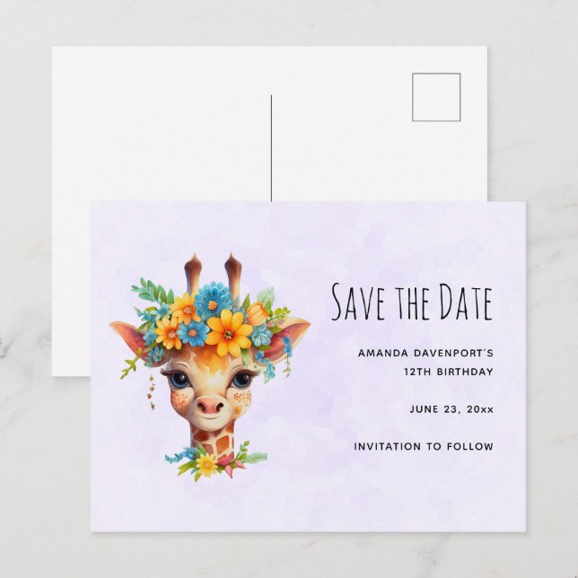 Invitation Carte Postale Giraffe mignonne avec couronne florale Enregistrer (Devant / Derrière)