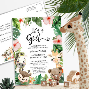 Invitation Carte Postale Girl Jungle Safari Baby shower tropical de verdure