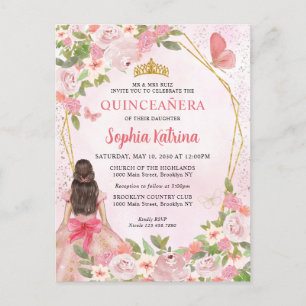 Invitation Carte Postale Glam Blush Gold Floral Princess Quinceañera